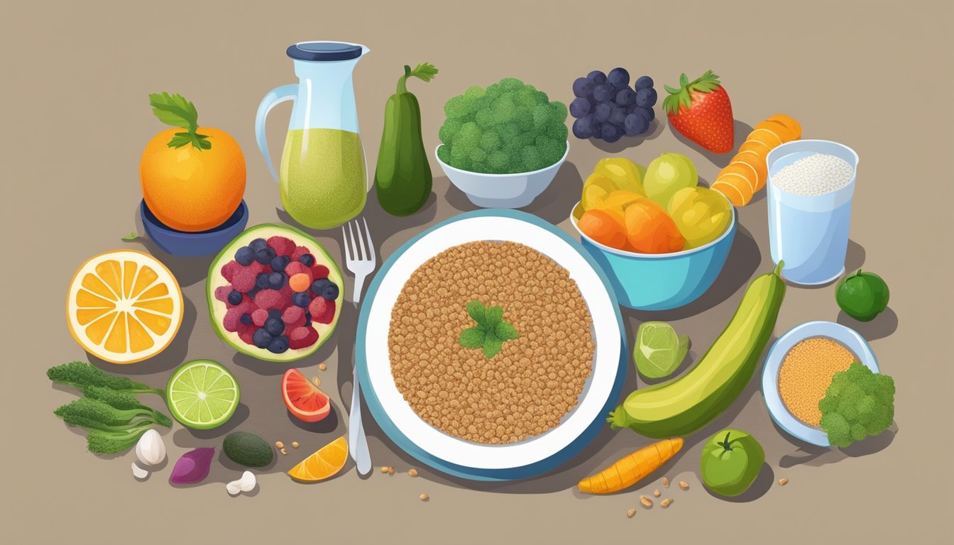A kitchen table with a variety of colorful fruits, vegetables, and whole grains on one side, and moldy, expired food items on the other side
