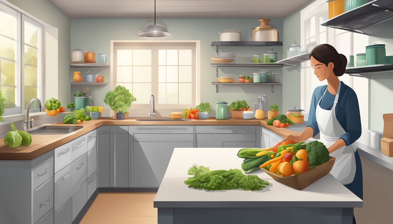 A kitchen with fresh fruits and vegetables, and a pantry with sealed containers. A person avoiding mold-triggering foods and cooking in a well-ventilated area