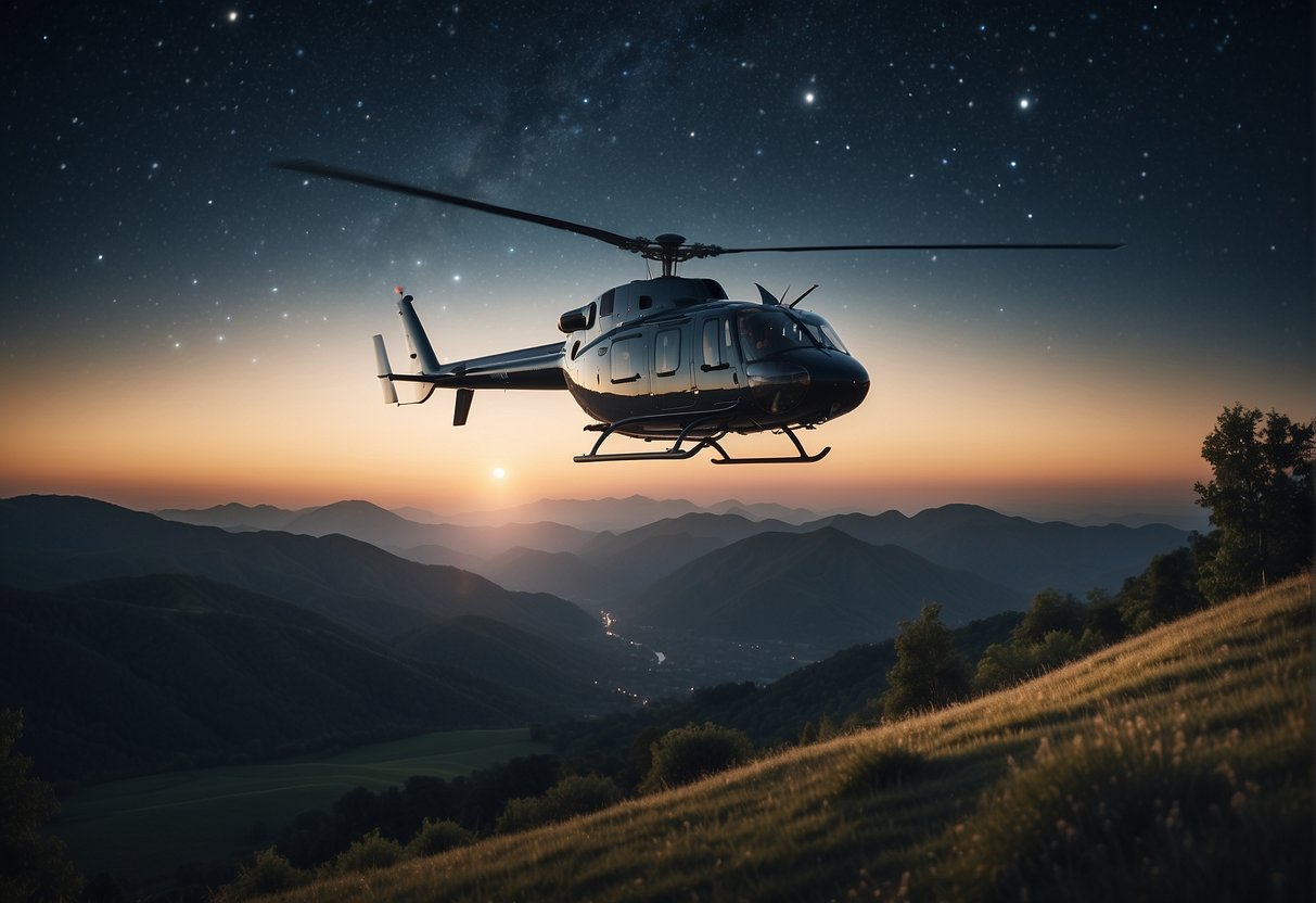 A helicopter flying over a serene landscape with a bright moon and twinkling stars in the night sky