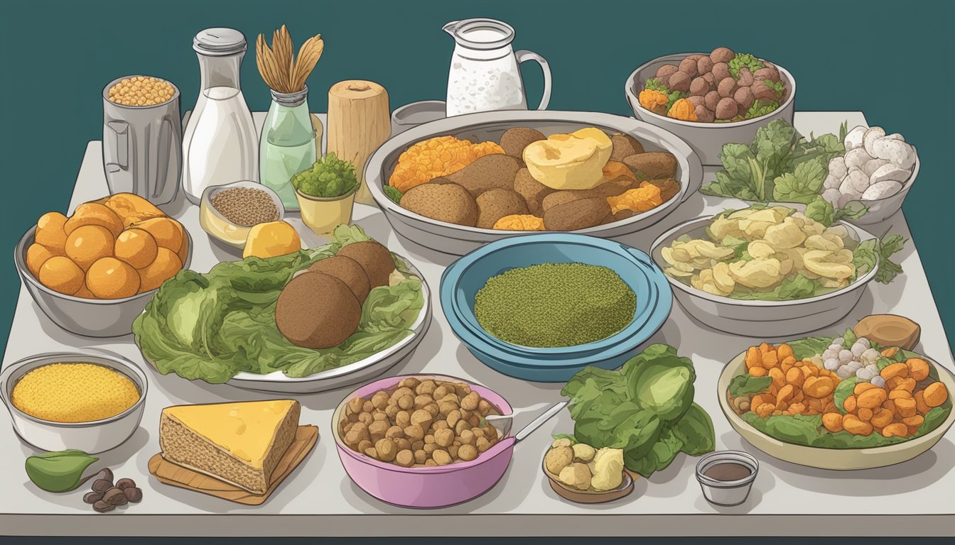 A table with a variety of foods, some labeled "eat" and others labeled "avoid." Mold spores visible on some items
