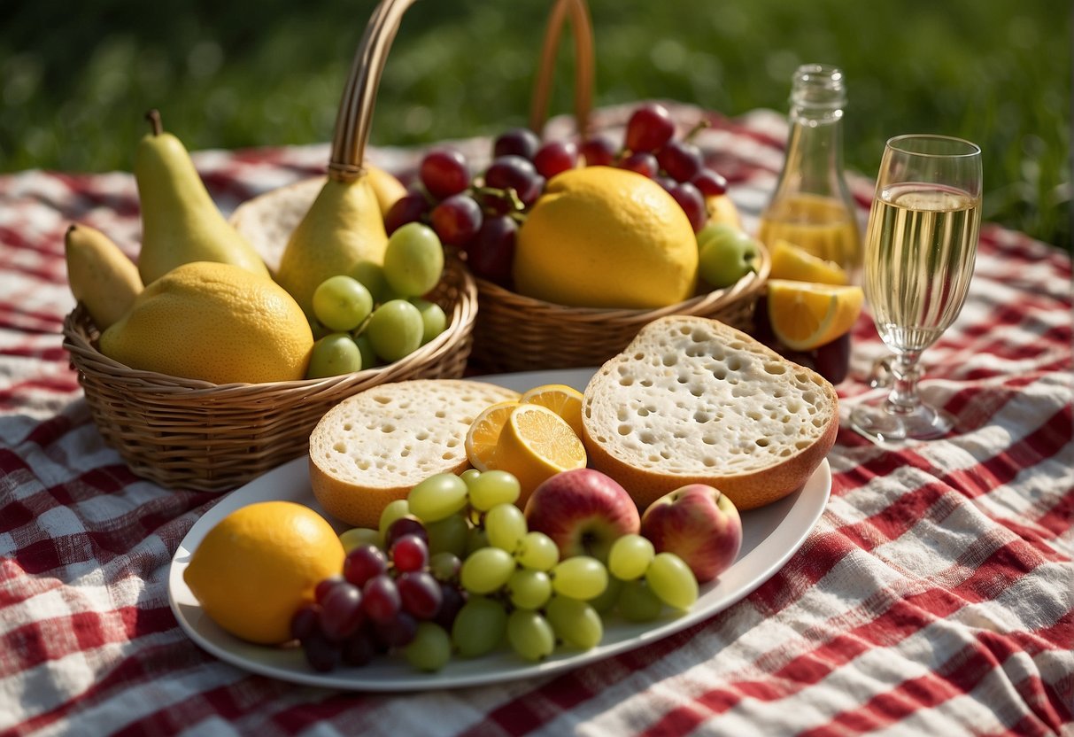 A colorful picnic blanket with a wicker basket filled with fresh fruits, artisanal cheeses, crackers, and a bottle of sparkling lemonade