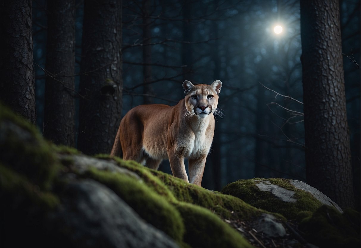 A mountain lion prowls through a moonlit forest, its eyes gleaming with intensity as it searches for prey