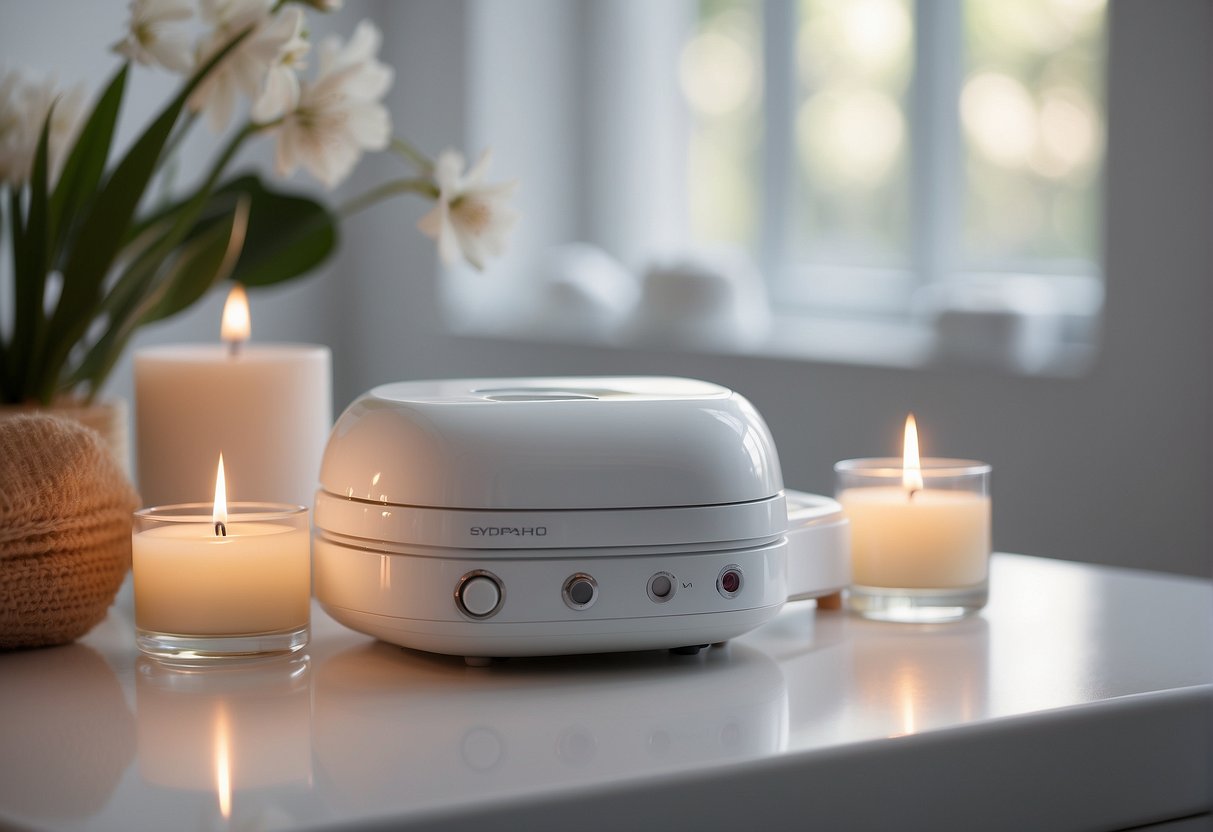 Can You Workout After Microneedling 2024? Experts Explain 2 A serene spa setting with a microneedling device on a clean, white table surrounded by soothing skincare products and soft lighting