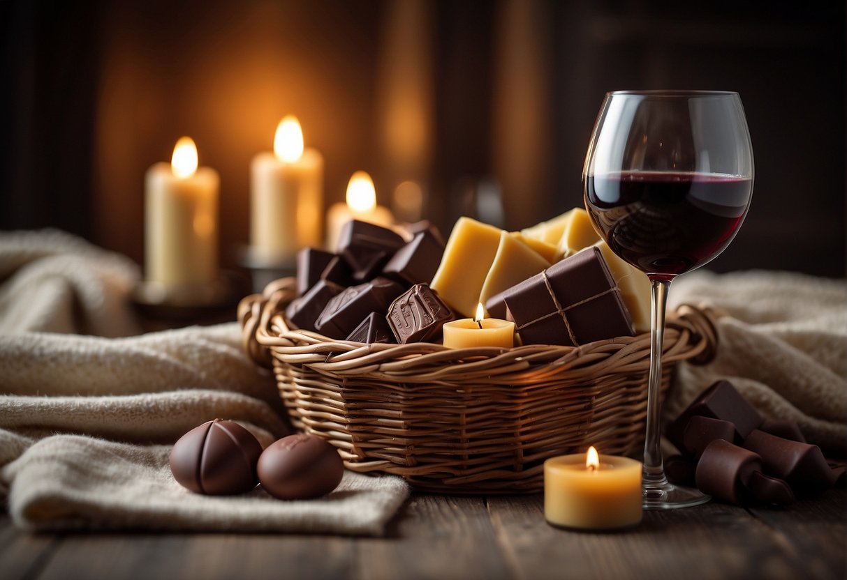 A cozy blanket, scented candles, chocolates, and a bottle of wine arranged in a wicker basket with a ribbon