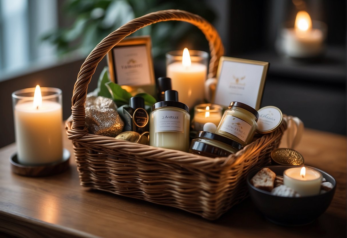 A gift basket filled with luxurious items like scented candles, chocolates, and a personalized photo frame sits on a table, ready to be presented to a girlfriend