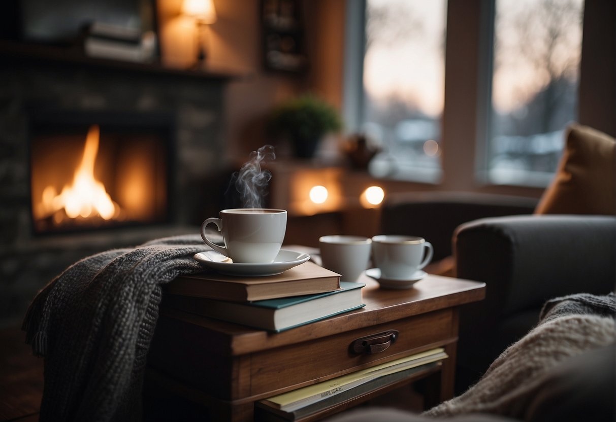 A cozy living room with a comfortable armchair, a stack of books, a warm throw blanket, and a steaming cup of tea on a side table