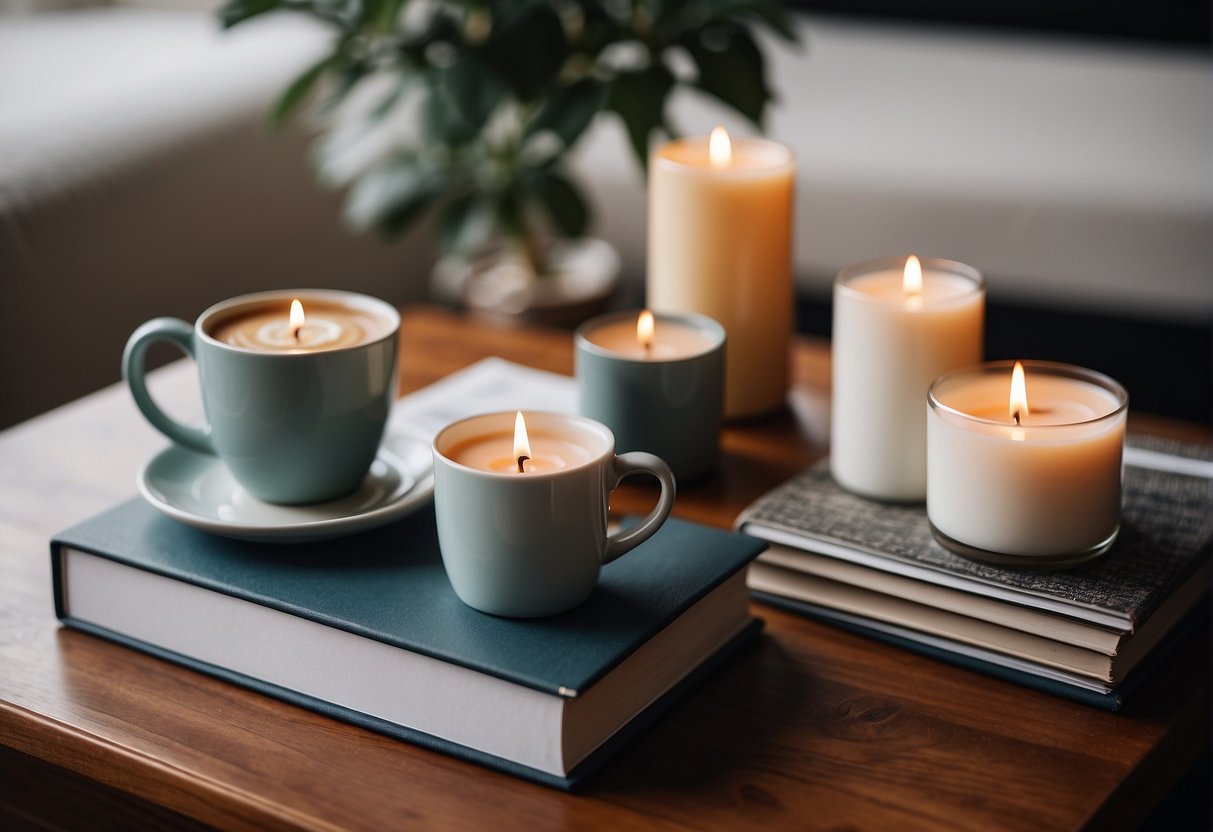 A cozy living room with a handmade photo album, scented candles, and a personalized mug on a coffee table