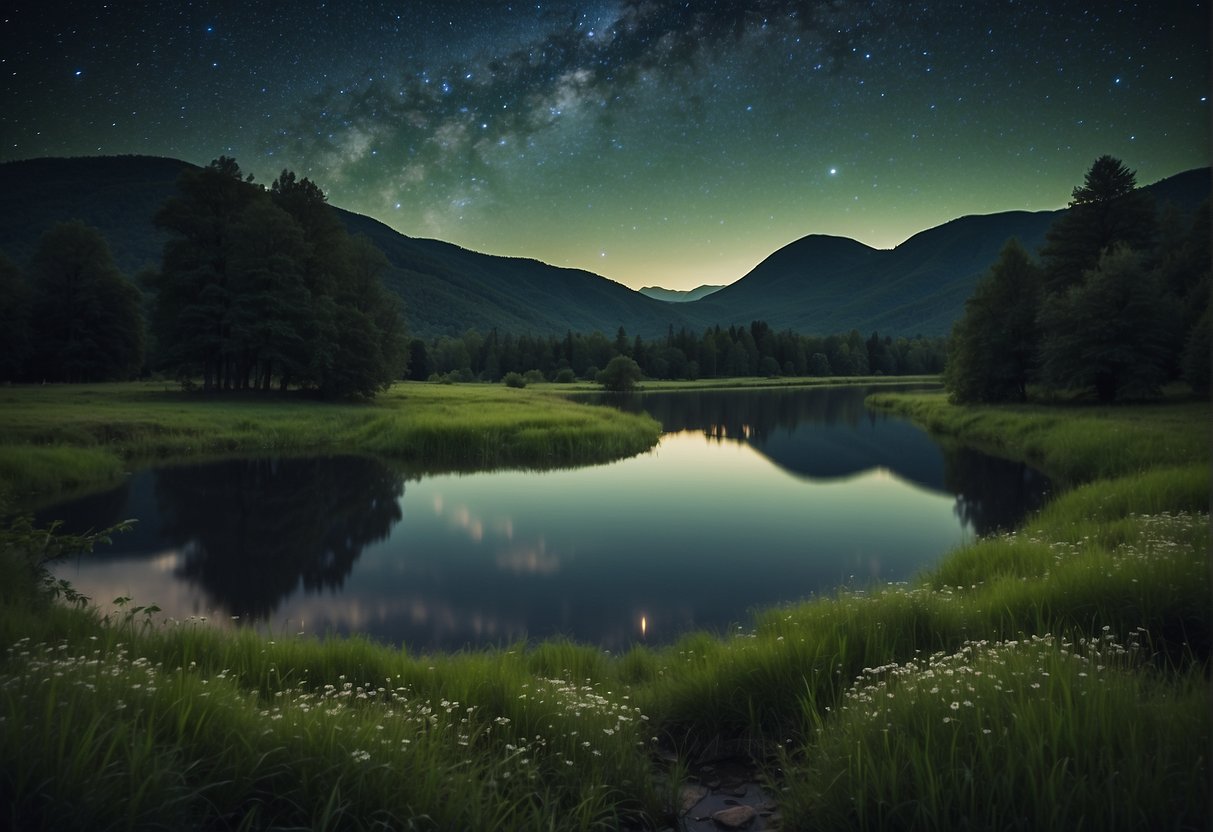 A tranquil river winds through a lush, green landscape under a starry night sky