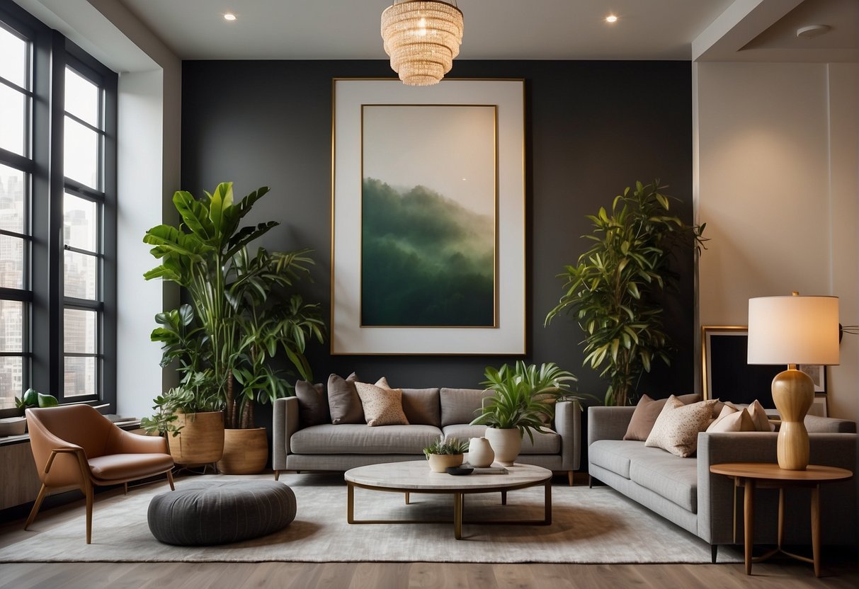 A tall wall in a living room is adorned with large artwork or a gallery of framed photos, complemented by tall indoor plants or vertical shelving. Lighting fixtures and wall sconces add visual interest and warmth to the space