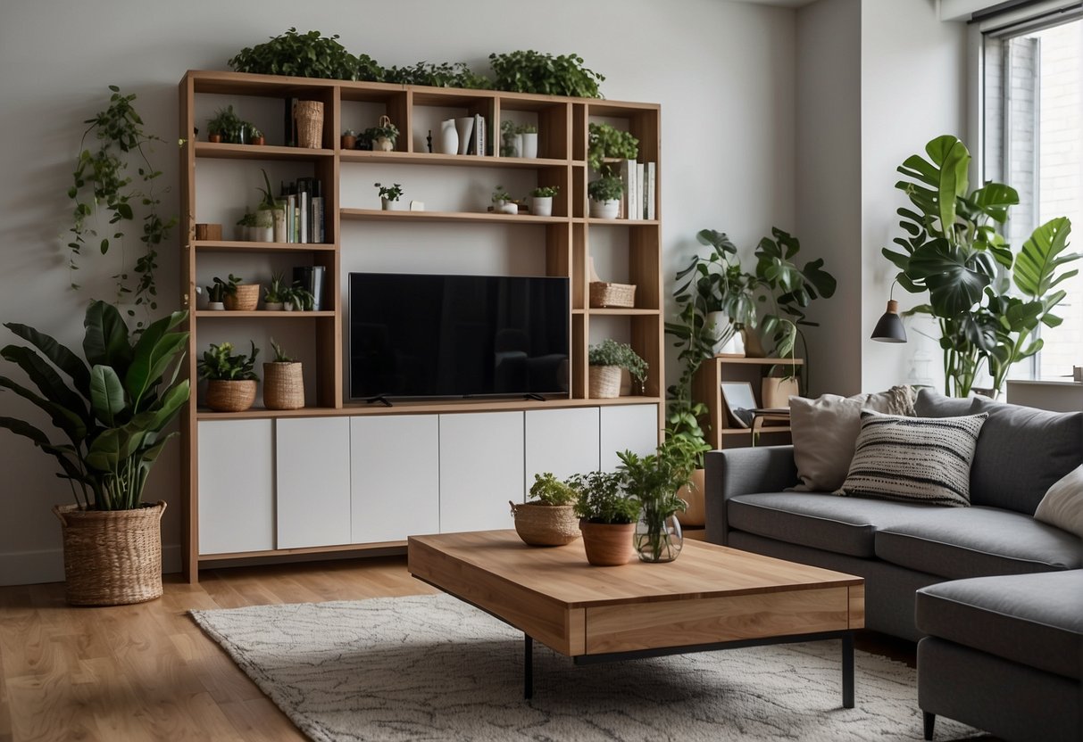A tall wall in a living room is adorned with functional decor and furniture, such as a large bookshelf, hanging plants, and a statement mirror