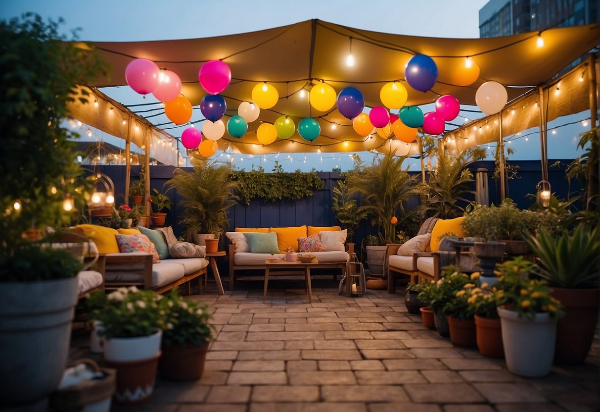 A colorful tent adorned with string lights, banners, and balloons, surrounded by potted plants and cozy seating for a festive party atmosphere