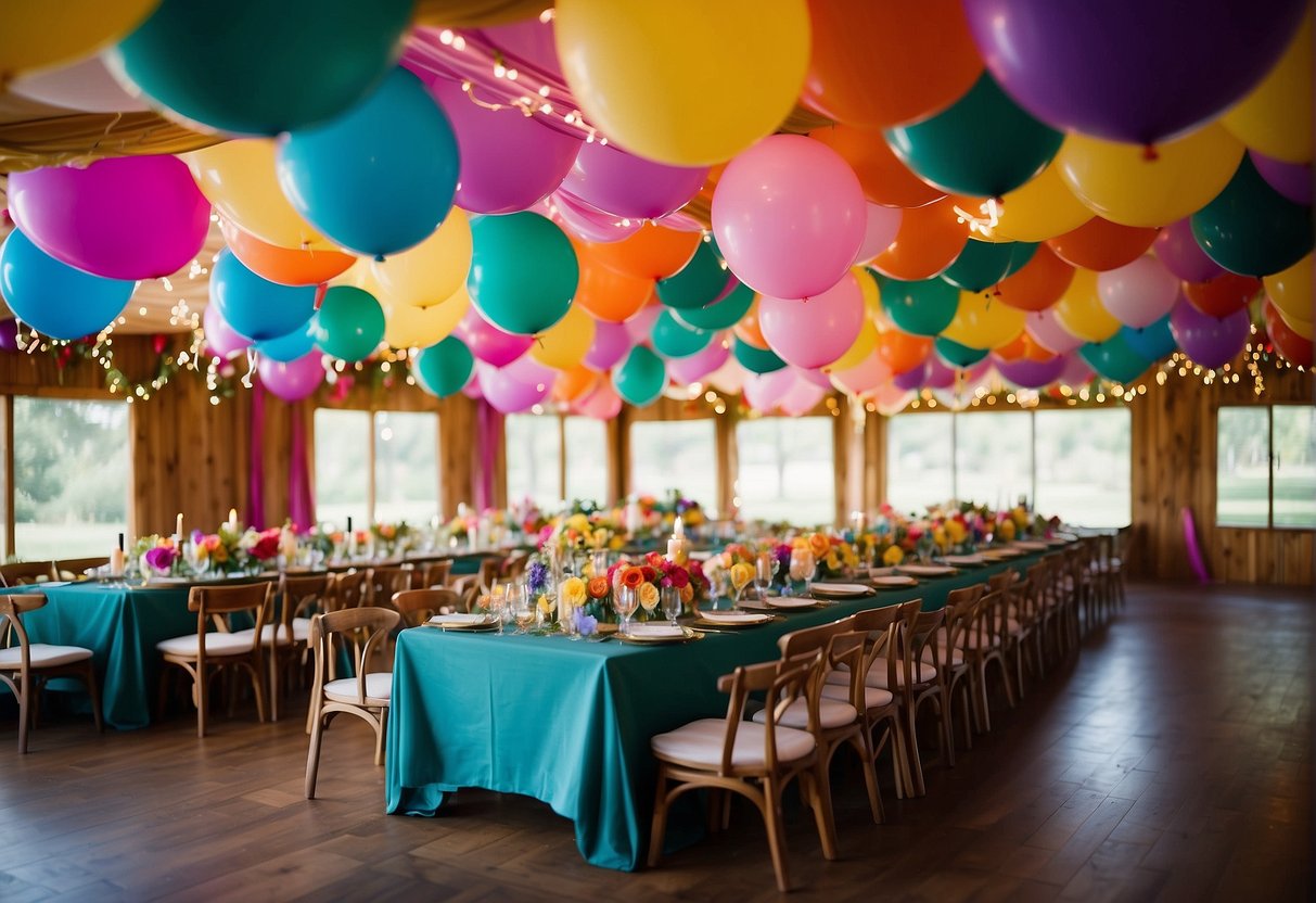 Colorful banners and fairy lights drape the tent's ceiling. Tables are adorned with vibrant tablecloths and centerpieces of flowers. Balloons and streamers add a festive touch, while cozy seating invites guests to relax and celebrate