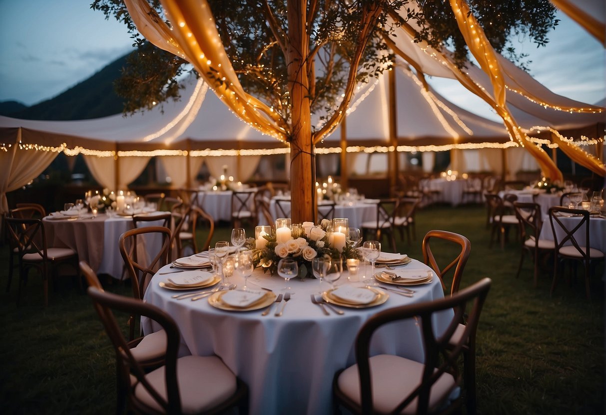 The tent is adorned with colorful streamers and fairy lights, creating a festive ambiance. Tables are arranged with elegant centerpieces and comfortable seating for guests