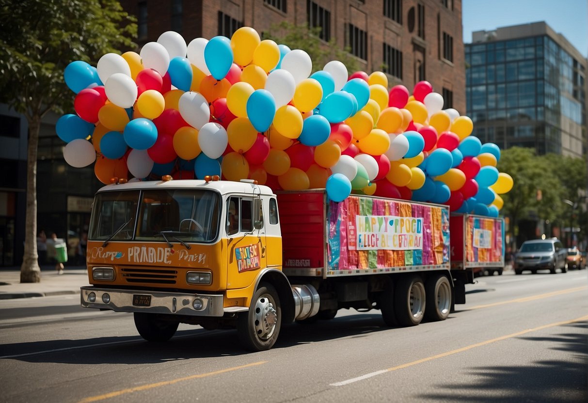 A truck adorned with colorful banners, streamers, and balloons. A large "Happy Parade" sign displayed prominently on the front