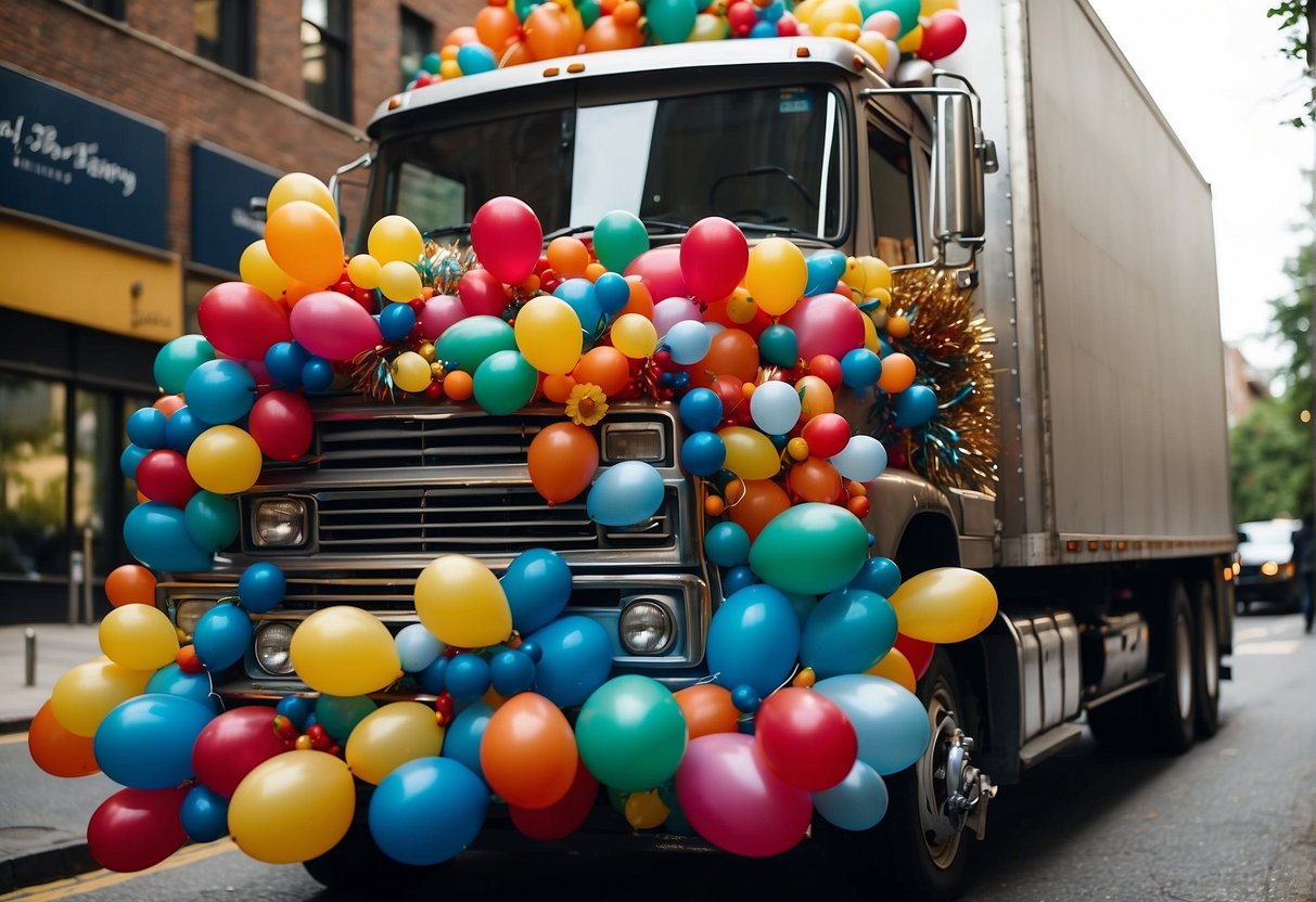 A truck is being adorned with colorful banners, balloons, and streamers for the parade. A team of people is carefully arranging the decorations to create a festive and eye-catching display