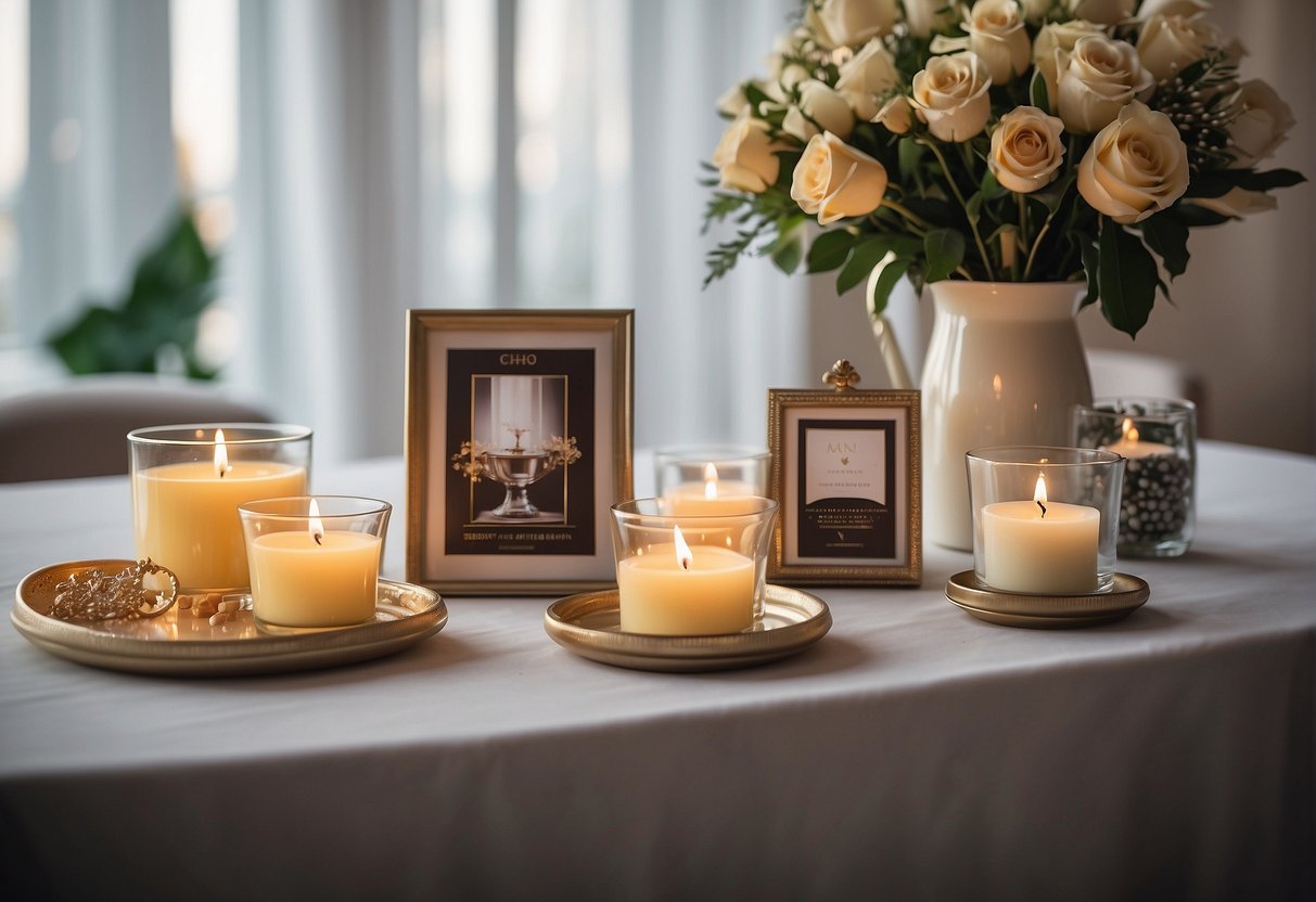 A table with a variety of elegant gift options, such as scented candles, jewelry, and personalized photo frames, displayed on a white tablecloth with soft lighting