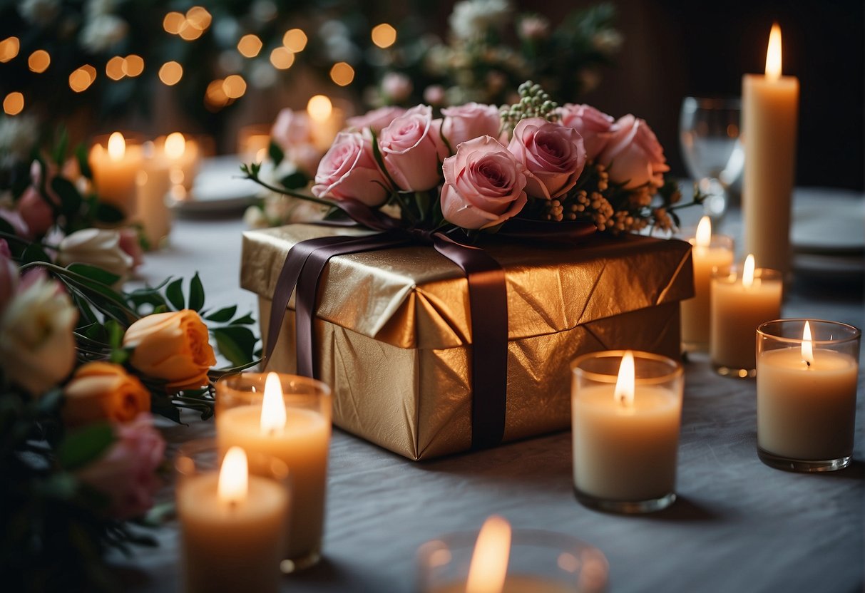 A beautifully wrapped gift is presented on a table surrounded by flowers and candles. A group of people raise their glasses in celebration