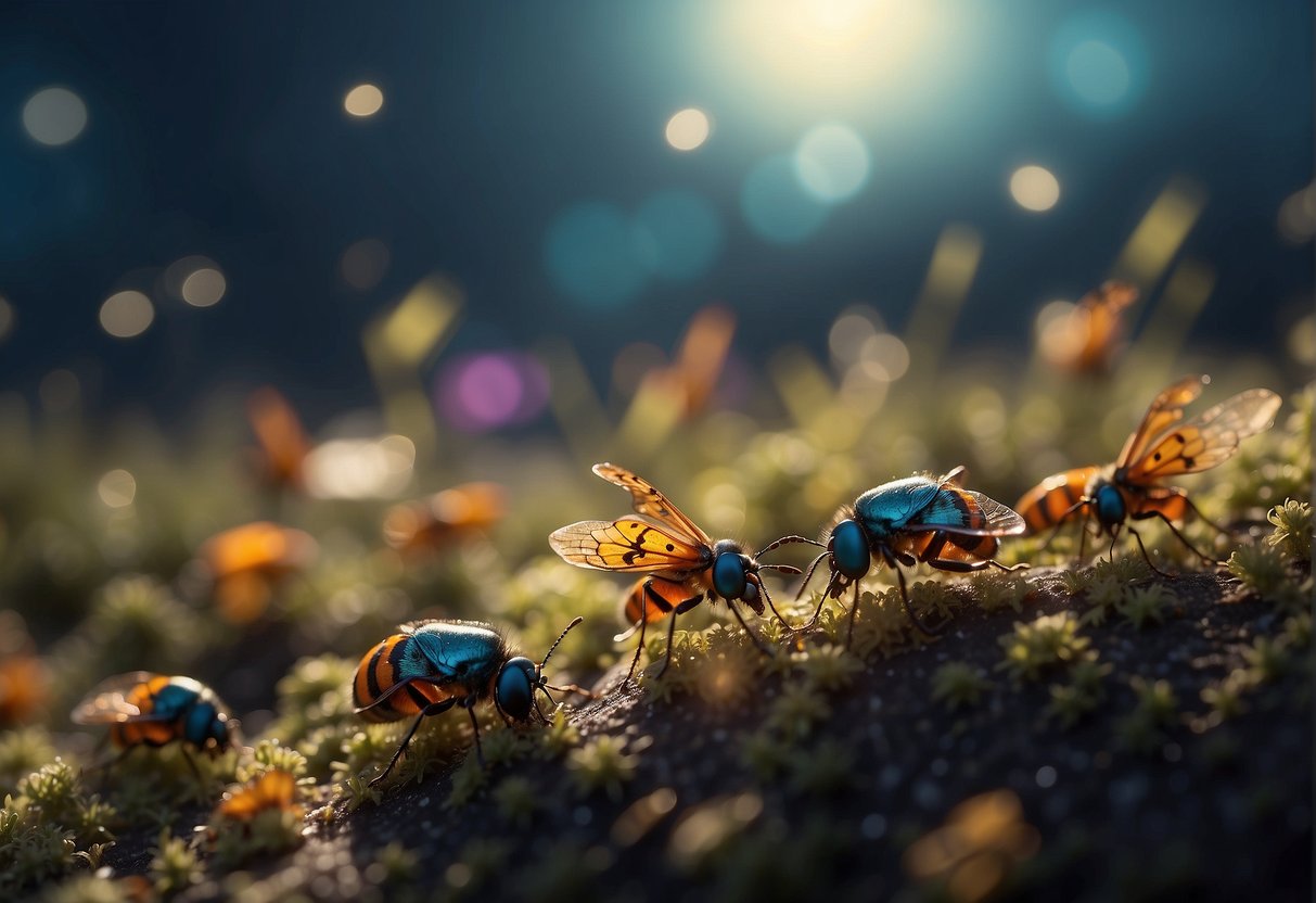 A swarm of colorful bugs floats through a hazy, surreal landscape, their delicate wings shimmering in the soft glow of a distant moon