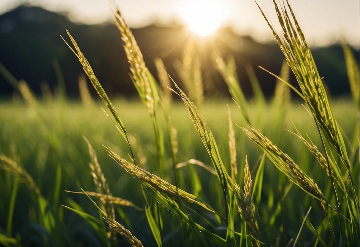 A lush green field of rice sways gently in the breeze under a clear blue sky, with the golden sun casting a warm glow over the landscape