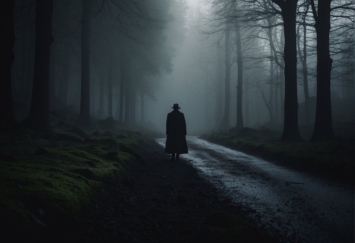 A figure lies still in a dark, misty landscape. A shadowy presence looms over, casting a sense of foreboding and finality