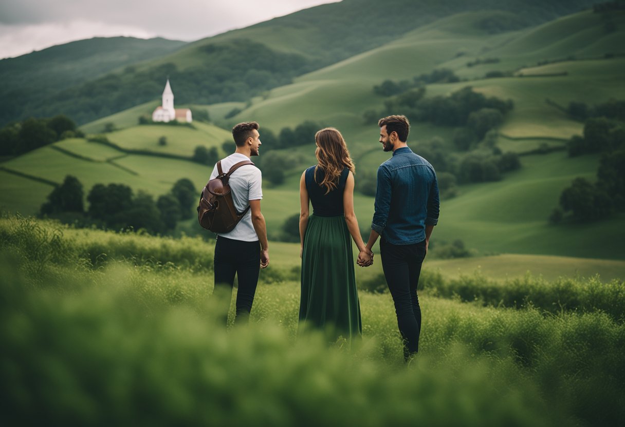 A couple stands in a lush green field, surrounded by rolling hills and a quaint stone church. The sky is overcast, adding a moody atmosphere to the scene