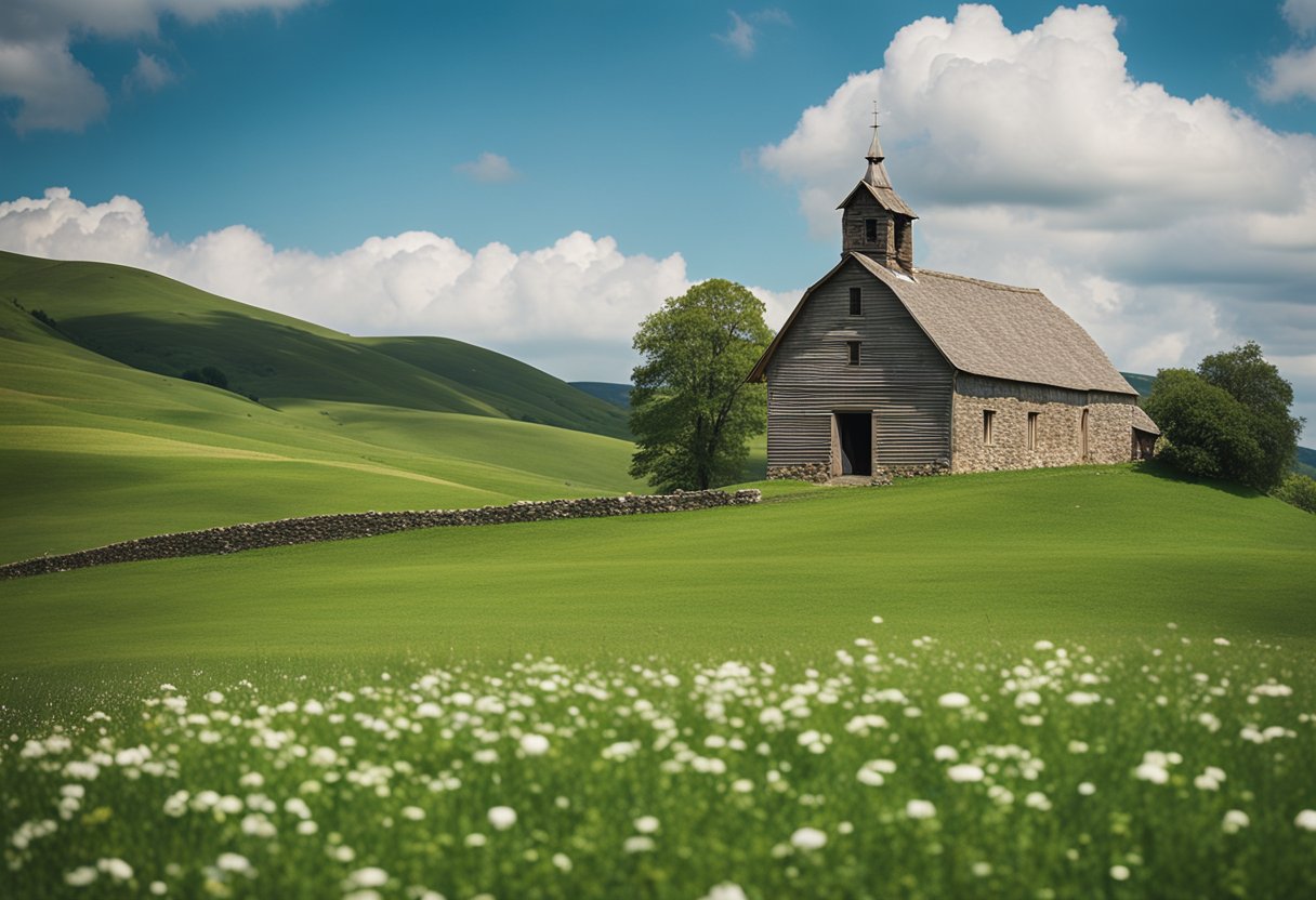 A scenic landscape with rolling green hills, a quaint stone church, and a rustic barn in the background. A clear blue sky with fluffy white clouds adds to the picturesque setting