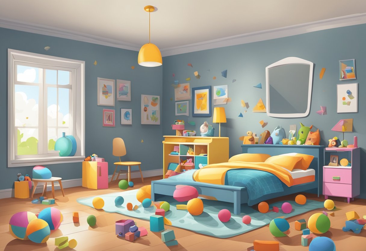 A child's bedroom with scattered toys and a mirror reflecting a blank space where pubic hair would be