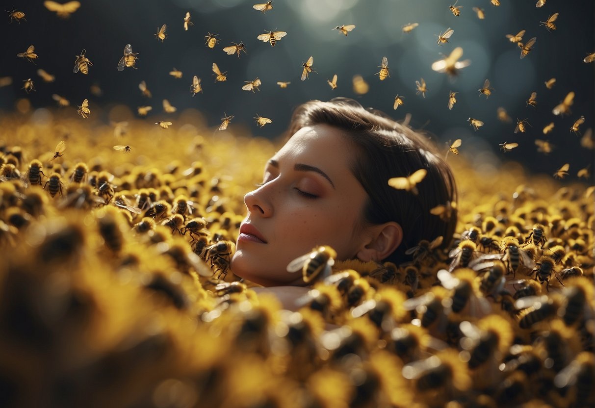 A person asleep, surrounded by buzzing wasps in a surreal, dreamlike setting