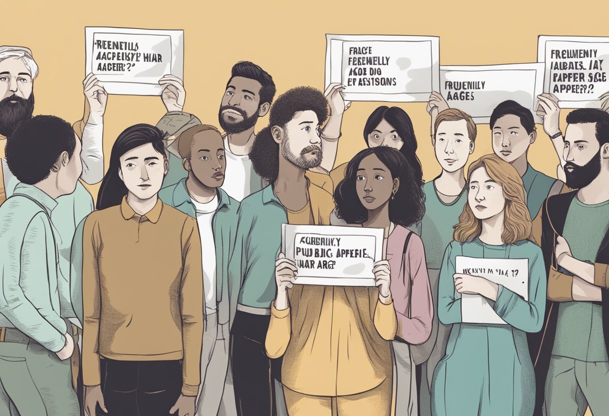 A group of people gathered around a sign that reads "Frequently Asked Questions: at what age does pubic hair appear?" with curious expressions on their faces