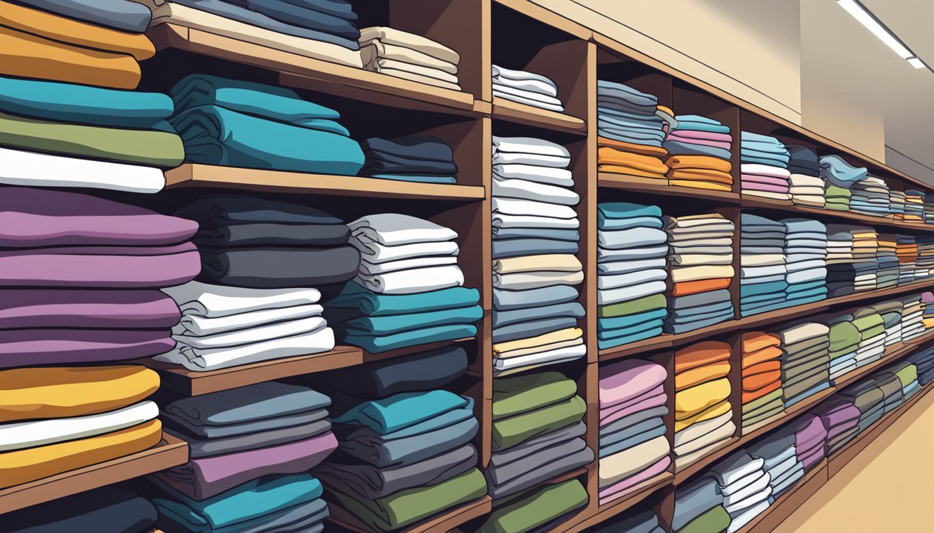 A pile of branded tee shirts neatly folded on a shelf