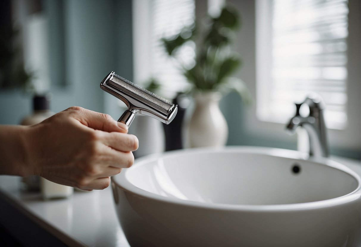 A woman's hand holding a razor, surrounded by soothing creams and lotions, with a serene and clean bathroom in the background