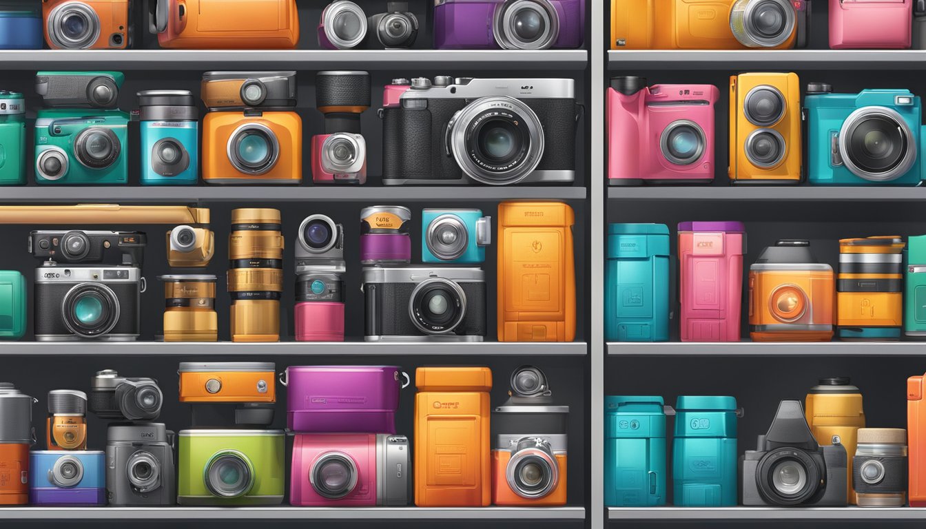 Various camera brands displayed on shelves, with colorful packaging and logos. Lighting highlights the products, creating a visually appealing scene for an illustrator to recreate
