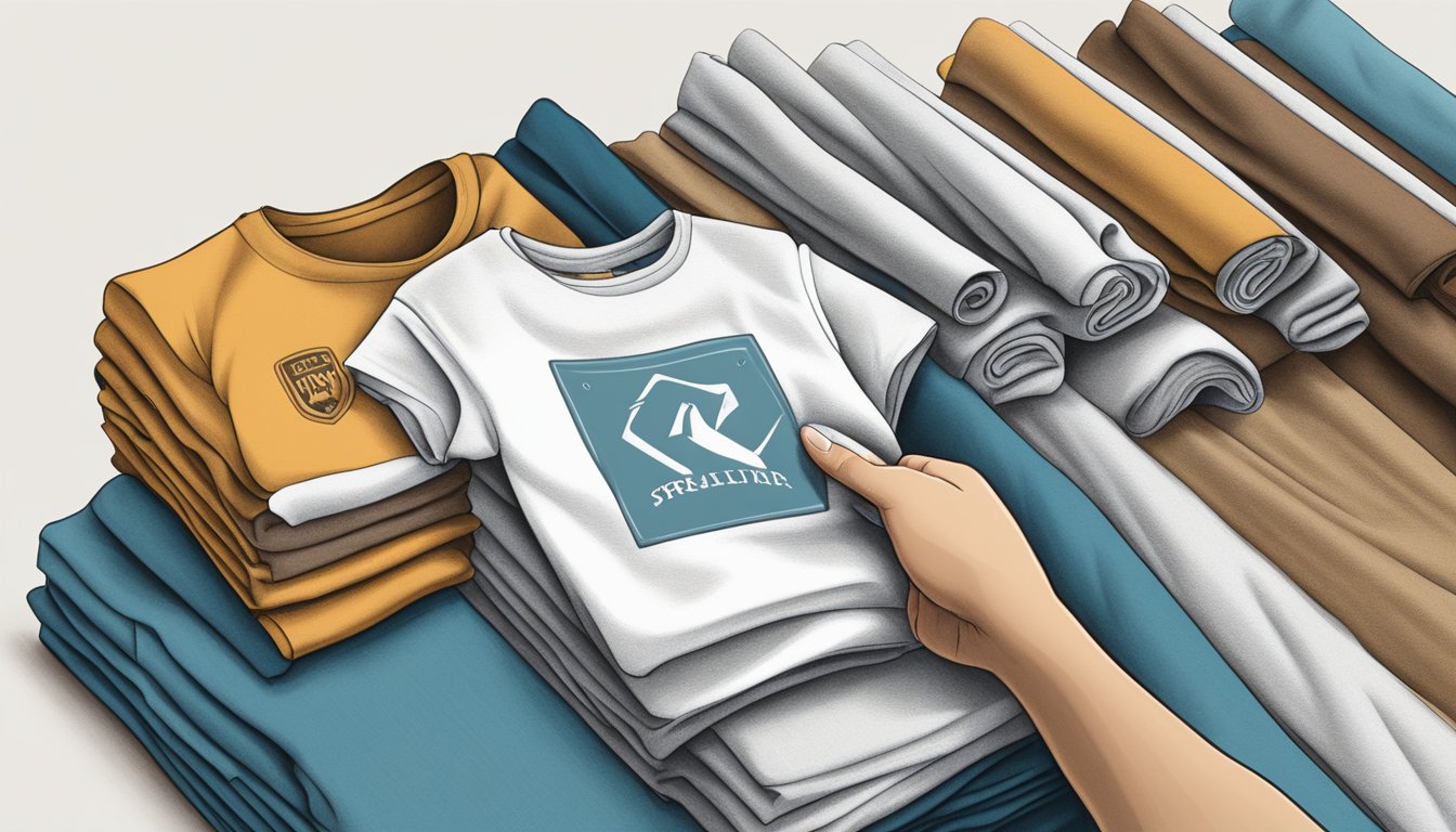A hand reaches for soft, durable fabric. A logo is carefully inspected. A pile of branded tees awaits selection