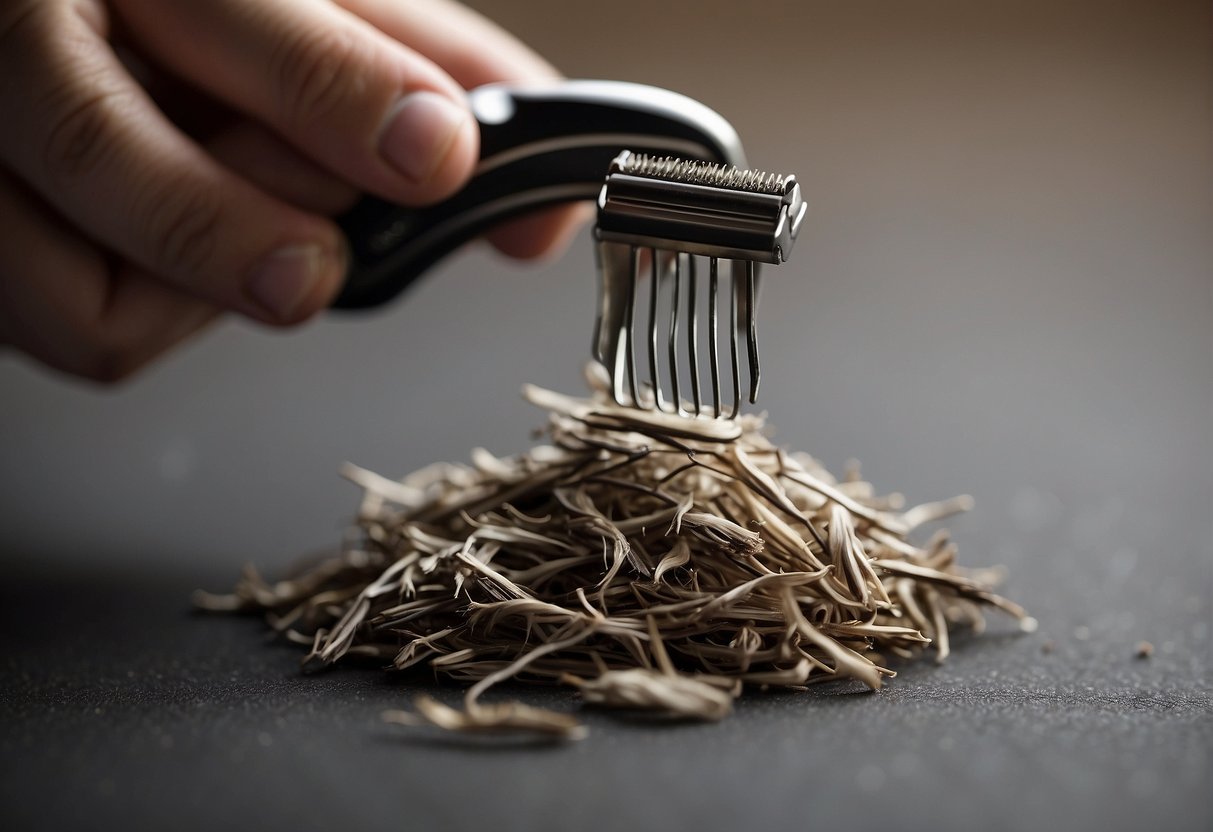 A woman's hand holding a razor, with a pile of pubic hair on a surface
