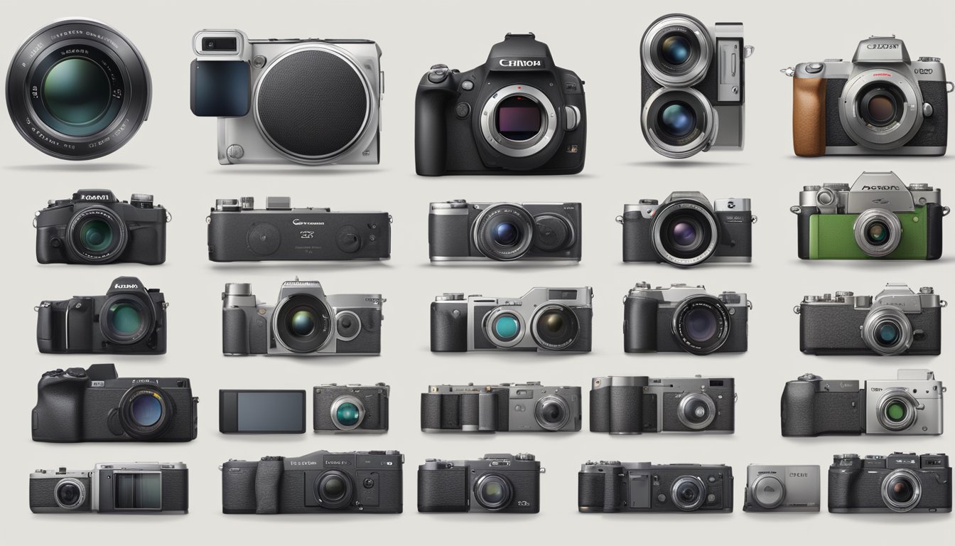 Various camera brands lined up chronologically from old to new, showcasing the evolution of design and technology. Each brand's logo and iconic features are visible