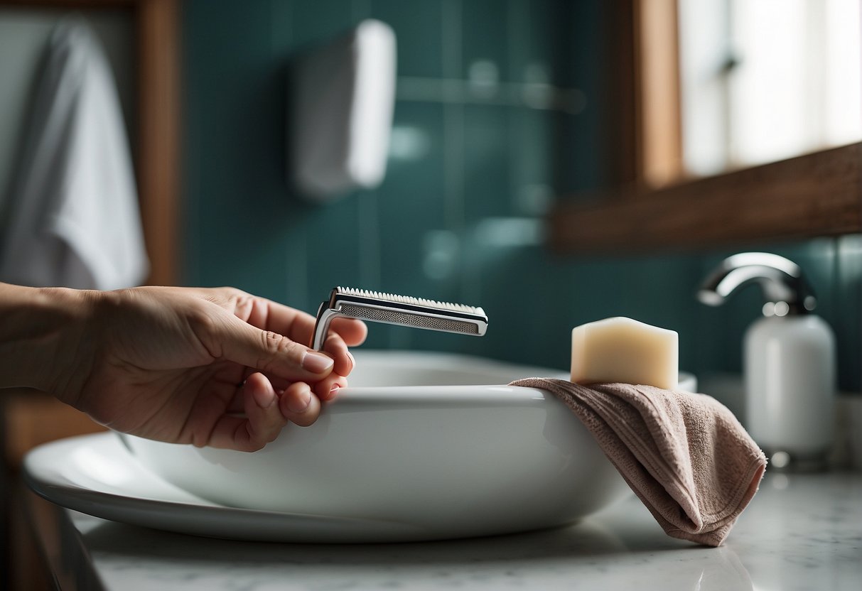 A woman's hand holding a razor near a bar of soap and a towel on a bathroom counter