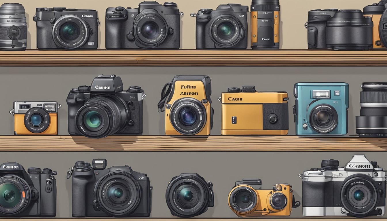 Various cameras line up on a shelf: Canon, Nikon, Sony, and Fujifilm. Each brand has its own distinct design and features
