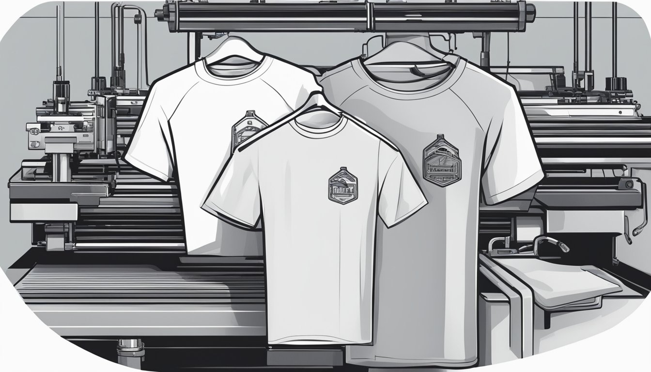 A screen printing machine presses ink onto a stack of blank tee shirts, while an embroidery machine meticulously stitches a logo onto another shirt