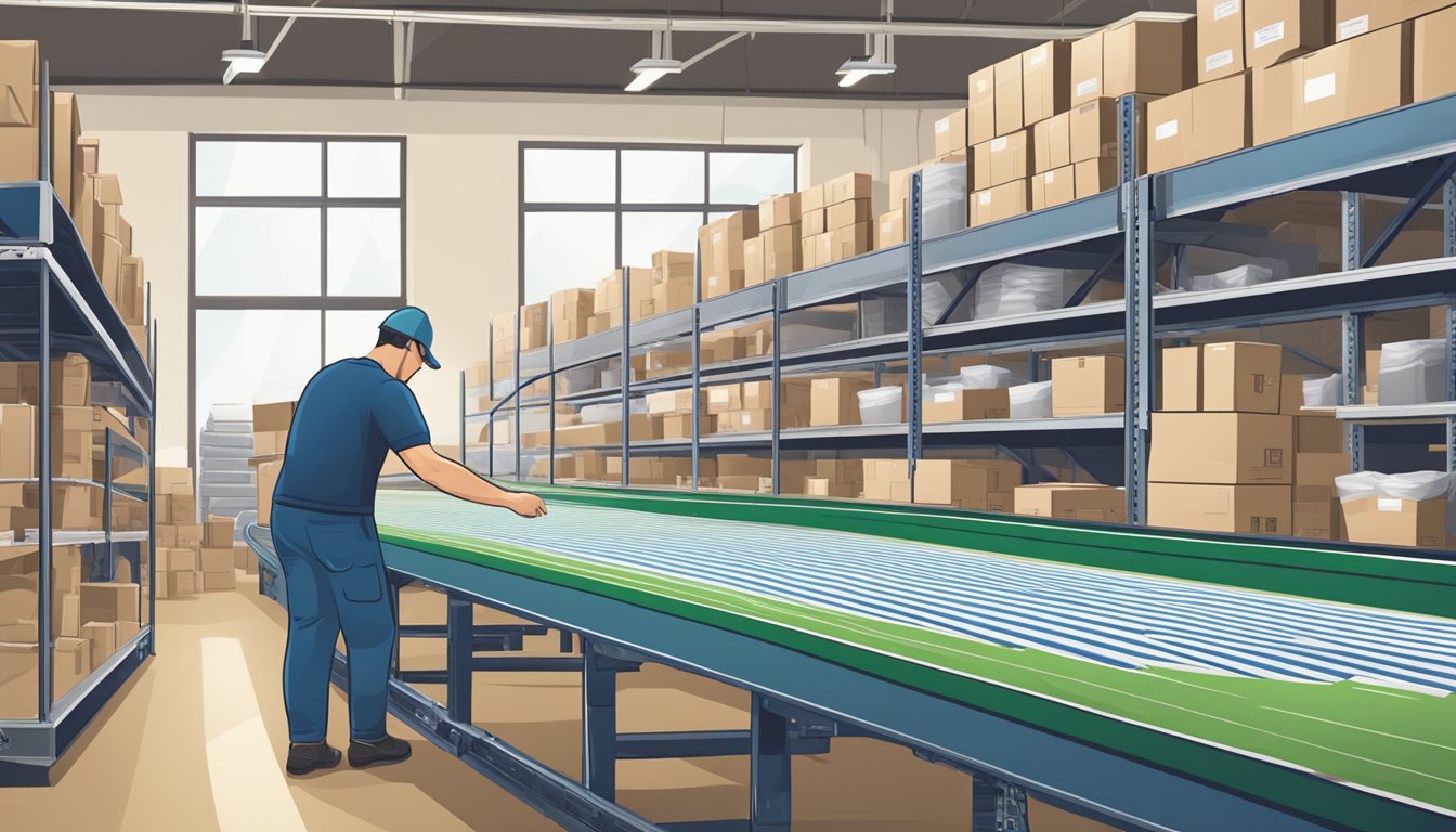 A conveyor belt moves branded tee shirts through a warehouse. A worker scans and packages the shirts for delivery