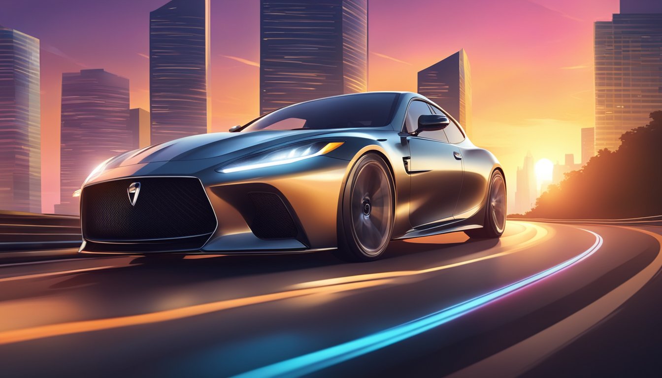 A sleek luxury car speeds along a winding road, with a backdrop of city lights and a glowing sunset
