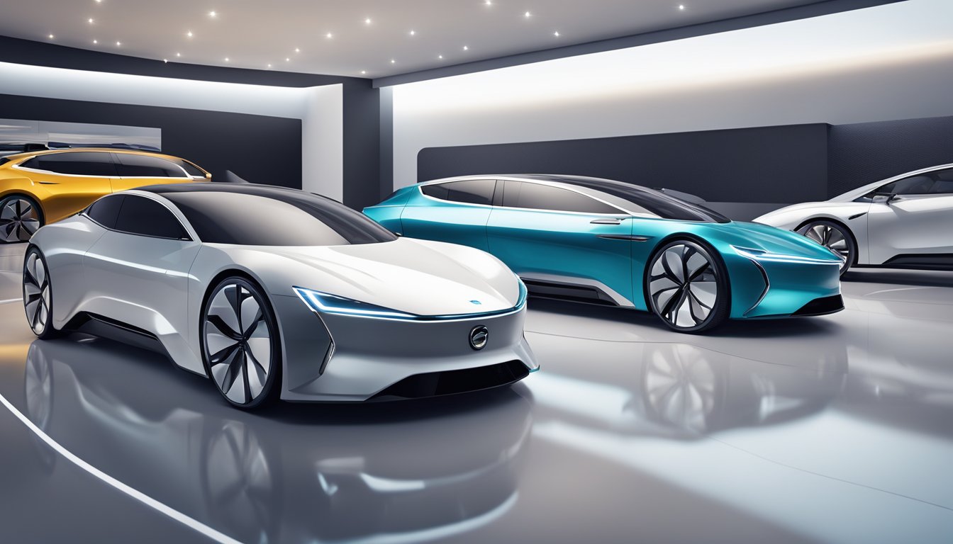 Luxury electric vehicles line up on a sleek, futuristic showroom floor, with soft lighting highlighting their elegant designs and cutting-edge technology