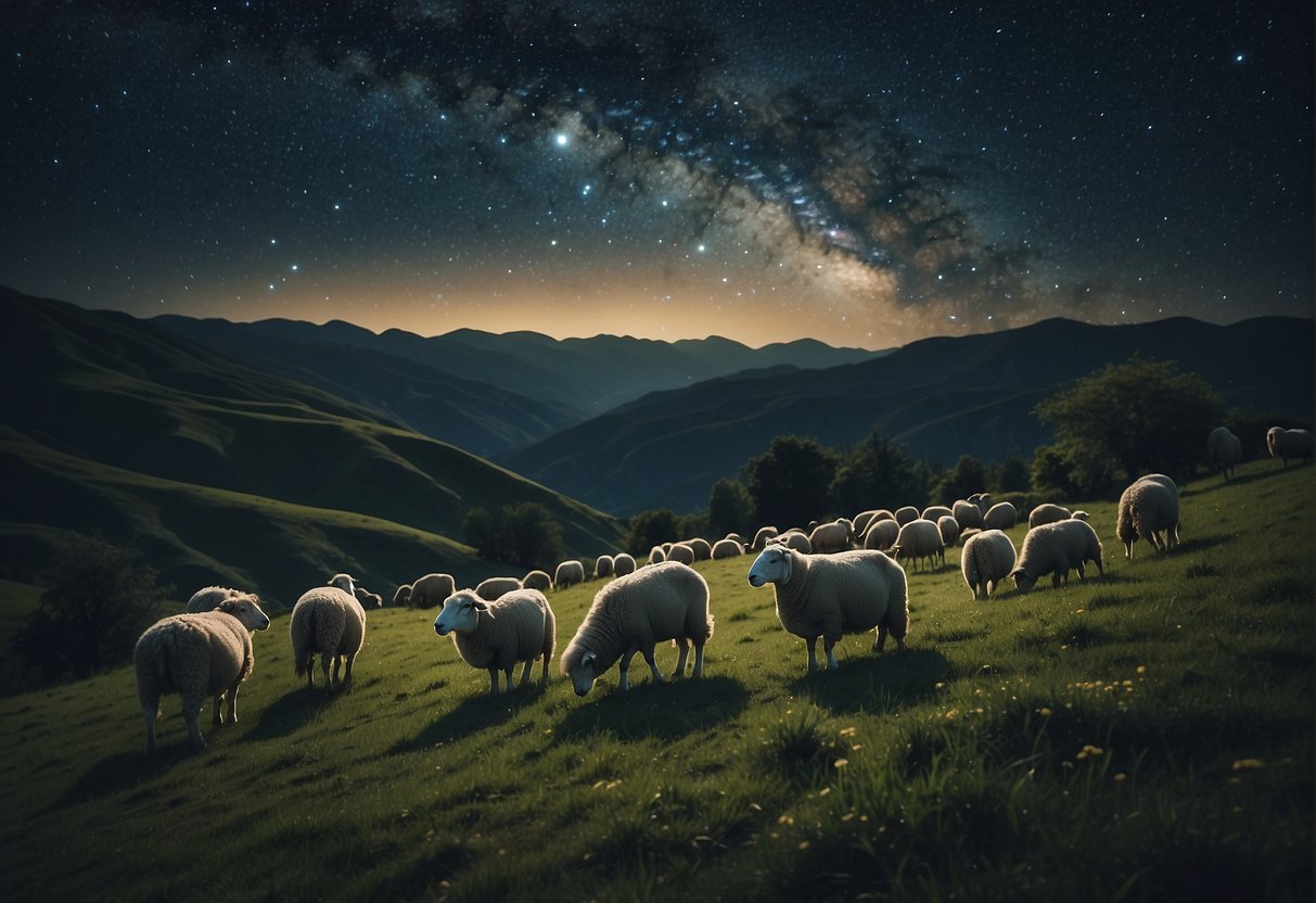A flock of sheep peacefully grazing in a lush green meadow under a starry night sky