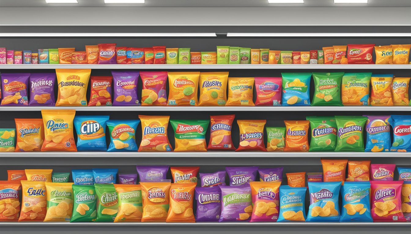 Various chip bags arranged in a colorful display on a grocery store shelf
