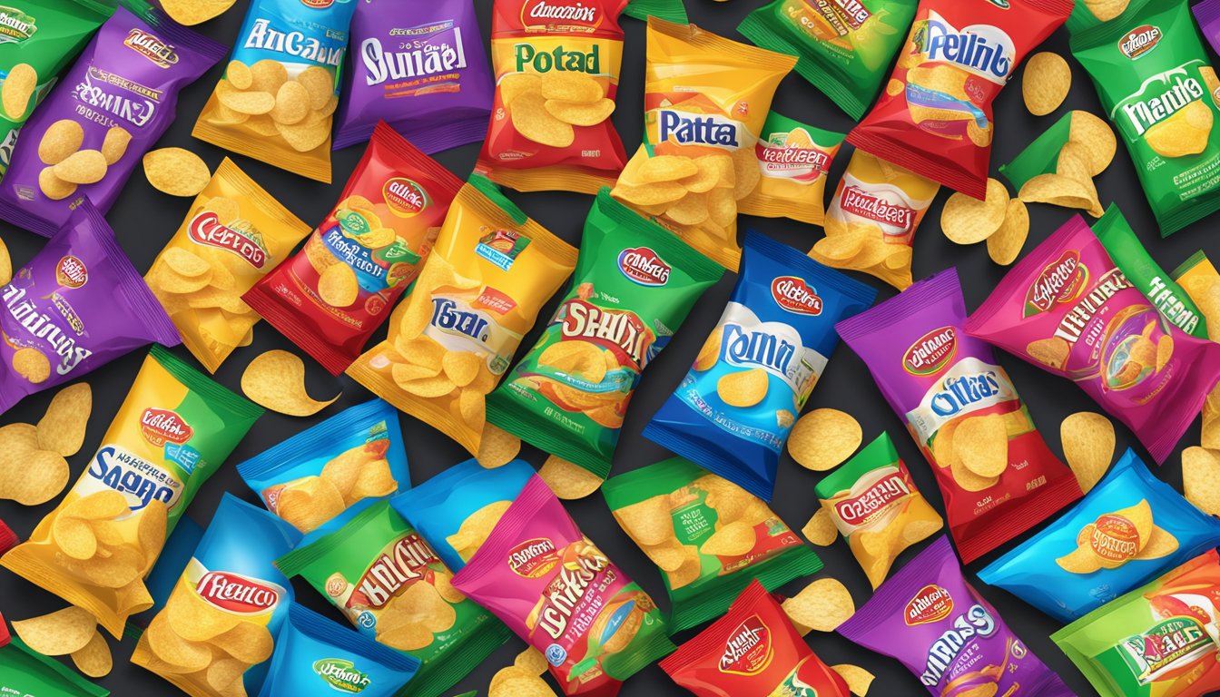 Various iconic potato chip bags arranged in a colorful display