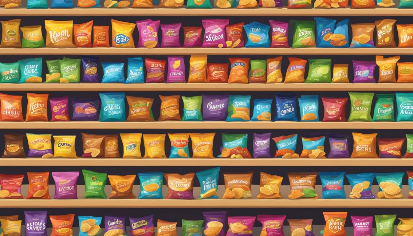 A variety of colorful and vibrant bags of Healthier Alternatives chips displayed on a shelf in a grocery store