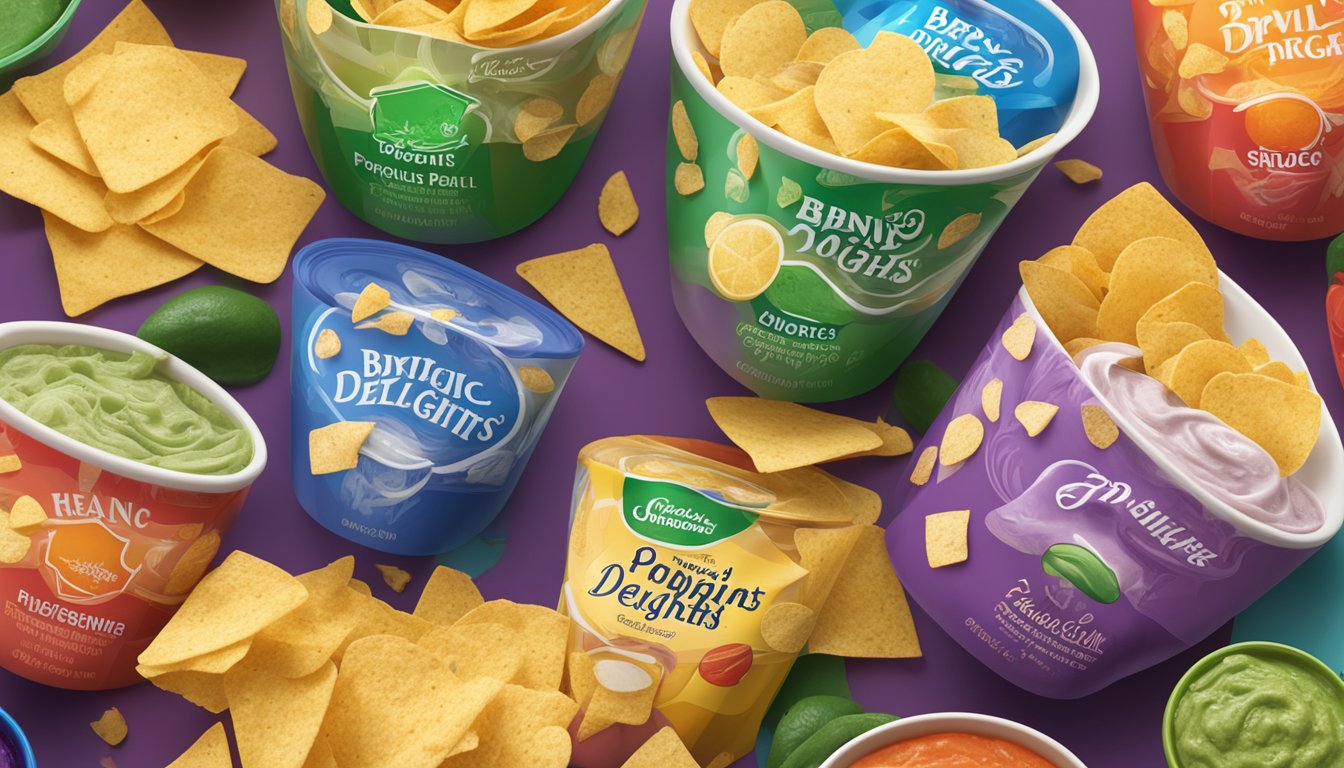 A bowl of Dipping Delights chips sits next to a variety of colorful dips, with a spotlight highlighting the brand logo