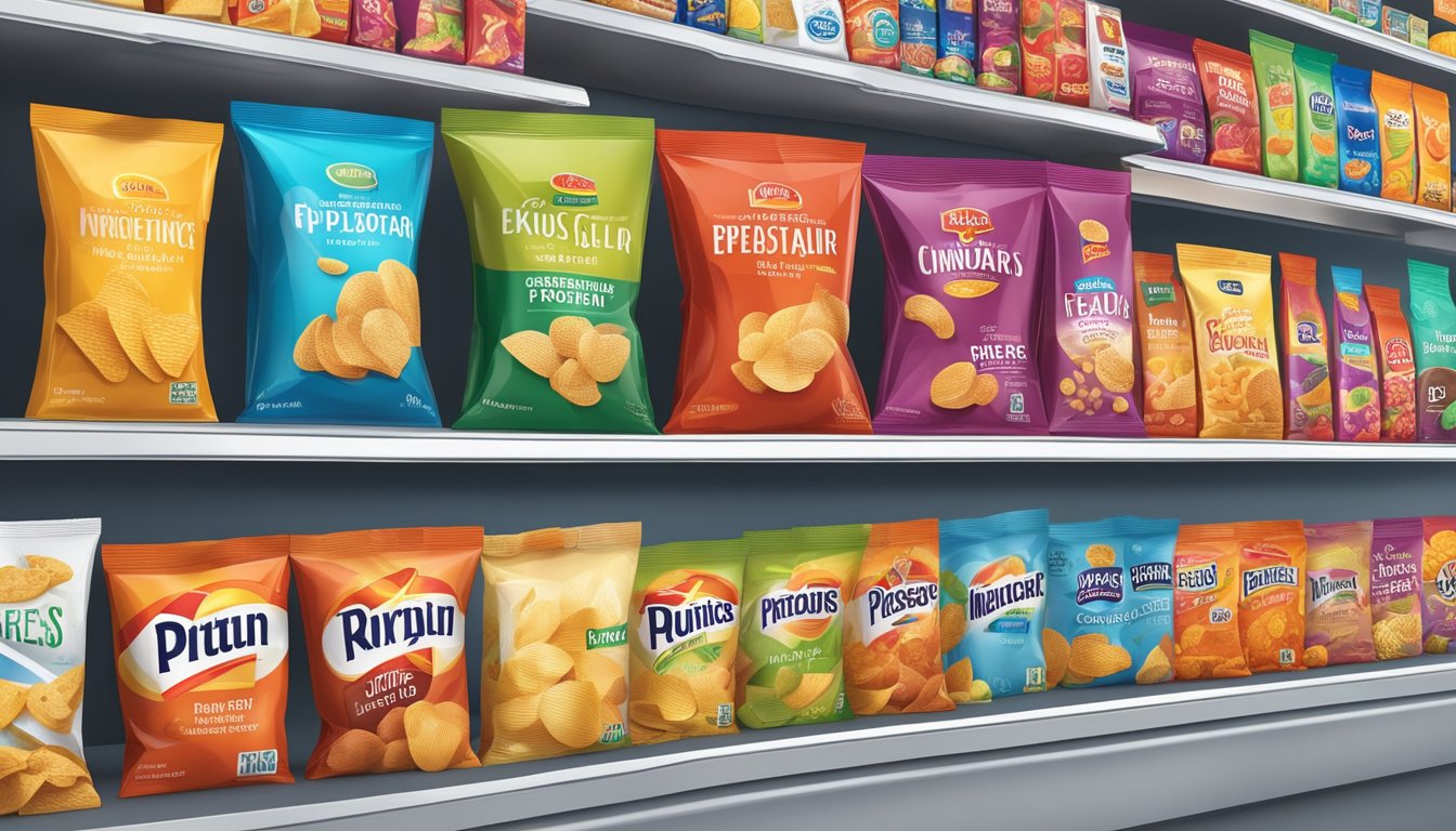Various chip brands displayed in colorful, eye-catching packaging on a supermarket shelf. Different sizes and flavors stand out, reflecting current snack packaging trends