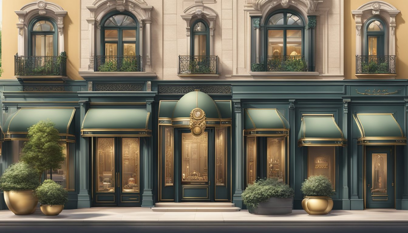 Luxury brand logos displayed on elegant storefronts with ornate signage, surrounded by opulent architecture and lush landscaping