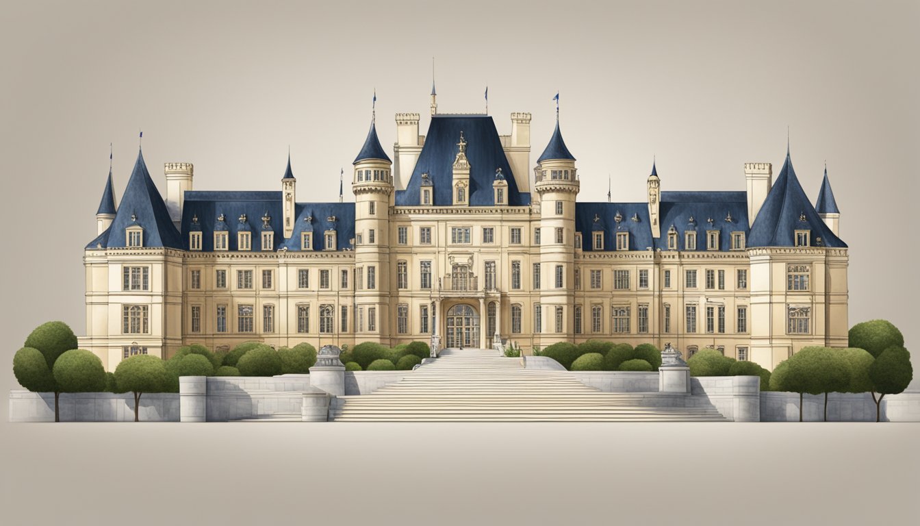 A grand castle surrounded by iconic luxury brand logos, symbolizing Richemont's heritage and leadership in the luxury goods industry