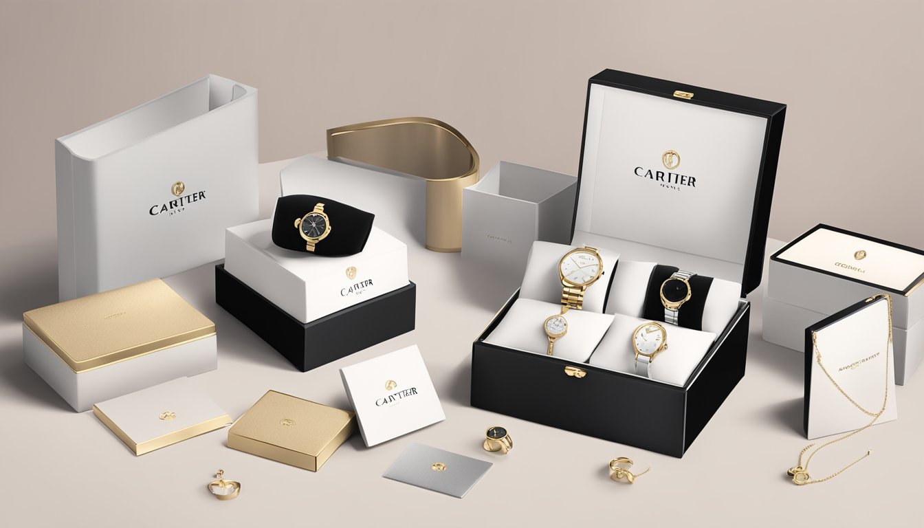 A collection of luxury brand logos: Cartier, Montblanc, and Piaget, displayed on elegant packaging and jewelry boxes
